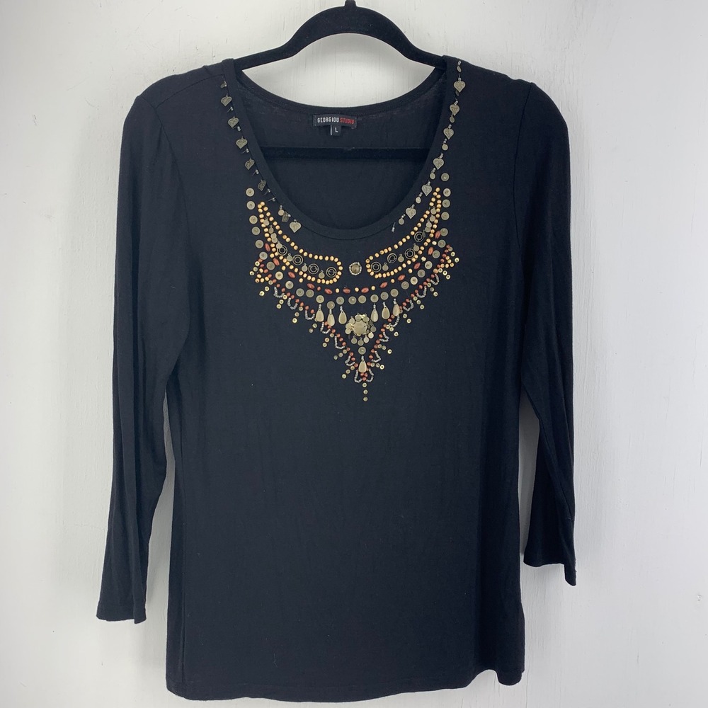 Georgiou Studio Womens L Boho Tribal Hippie Gypsy Beaded Scoop Neck Top Earthy